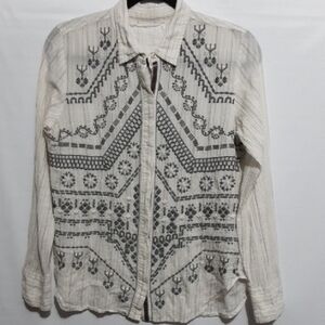 Johnny Was Cream and Gray Embroidered Blouse